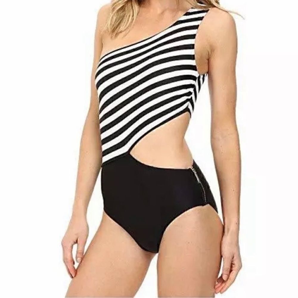 Michael Michael Kors One Shoulder Stripe Cutout One-Piece Swimsuit